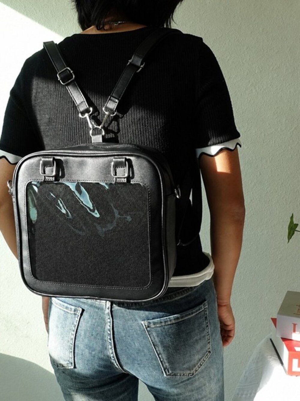 Black Ita Bag Vegan Leather Crossbody Backpack Pin Display Purse Kawaii ItaBag
